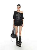 BIGGOLD STUDIO Rhinestone Cross Print One Shoulder Women's Short Sleeve T-shirts