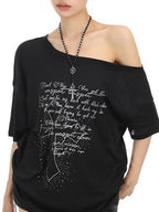 BIGGOLD STUDIO Rhinestone Cross Print One Shoulder Women's Short Sleeve T-shirts