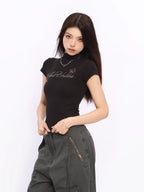 BIGGOLD STUDIO Rhinestone Letter Half High Neck Slim Fit Women's Short Sleeve T-shirts