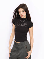 BIGGOLD STUDIO Rhinestone Letter Half High Neck Slim Fit Women's Short Sleeve T-shirts