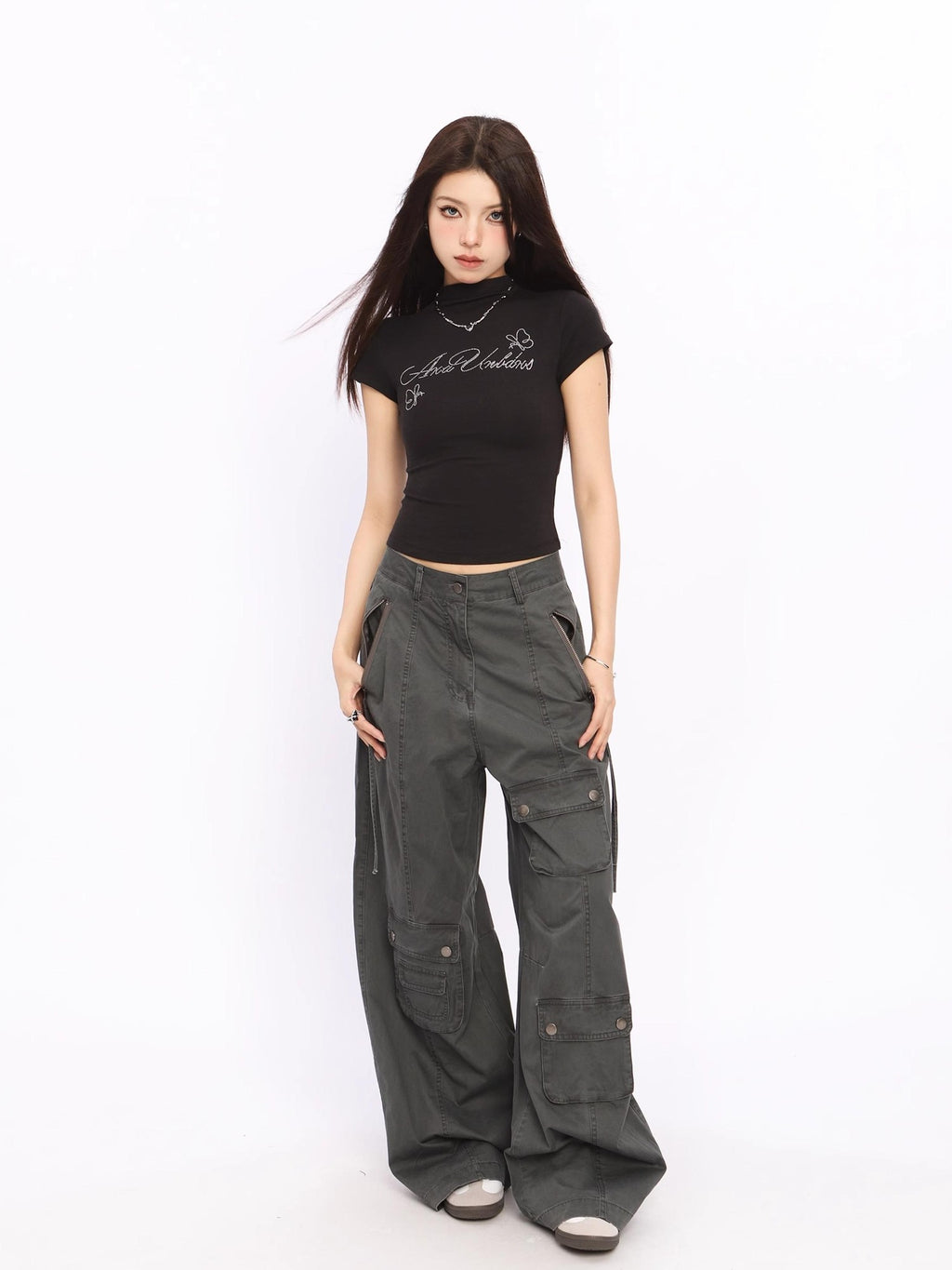 BIGGOLD STUDIO Rhinestone Letter Half High Neck Slim Fit Women's Short Sleeve T-shirts