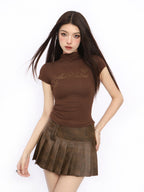 BIGGOLD STUDIO Rhinestone Letter Half High Neck Slim Fit Women's Short Sleeve T-shirts