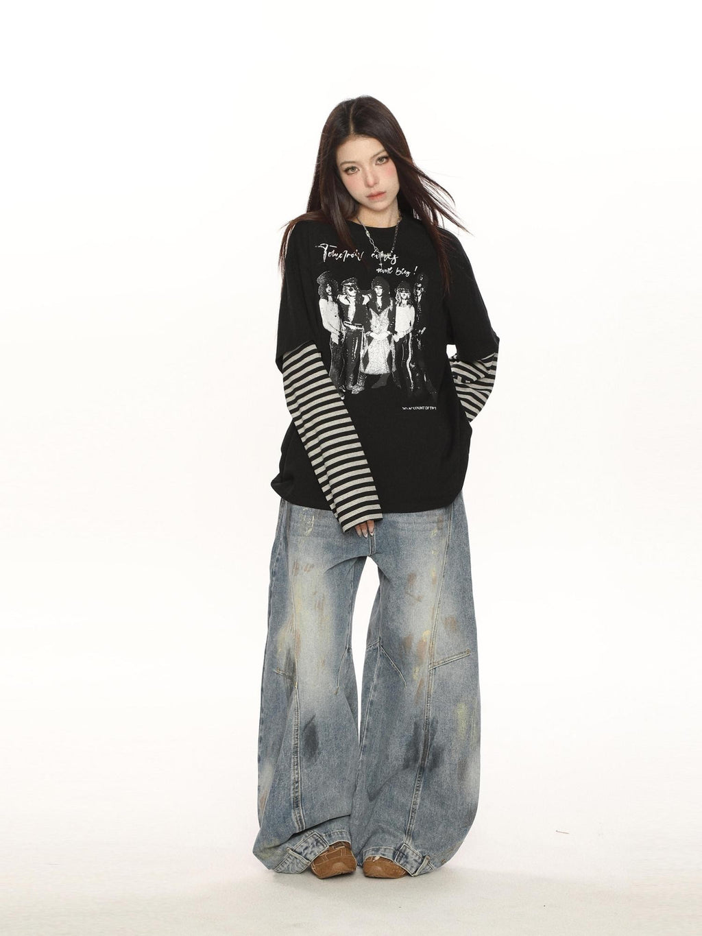BIGGOLD STUDIO Rock Band Print Striped Faux Two Piece Women's Long Sleeve T-shirts