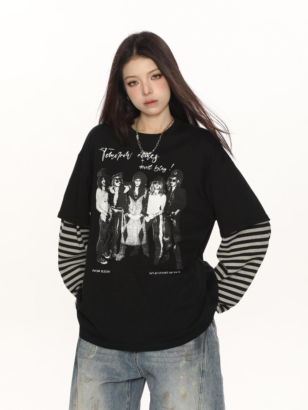 BIGGOLD STUDIO Rock Band Print Striped Faux Two Piece Women's Long Sleeve T-shirts