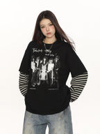 BIGGOLD STUDIO Rock Band Print Striped Faux Two Piece Women's Long Sleeve T-shirts