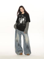 BIGGOLD STUDIO Rock Band Print Striped Faux Two Piece Women's Long Sleeve T-shirts