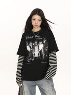 BIGGOLD STUDIO Rock Band Print Striped Faux Two Piece Women's Long Sleeve T-shirts