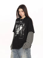 BIGGOLD STUDIO Rock Band Print Striped Faux Two Piece Women's Long Sleeve T-shirts