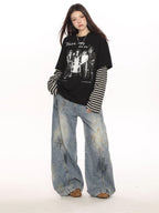 BIGGOLD STUDIO Rock Band Print Striped Faux Two Piece Women's Long Sleeve T-shirts