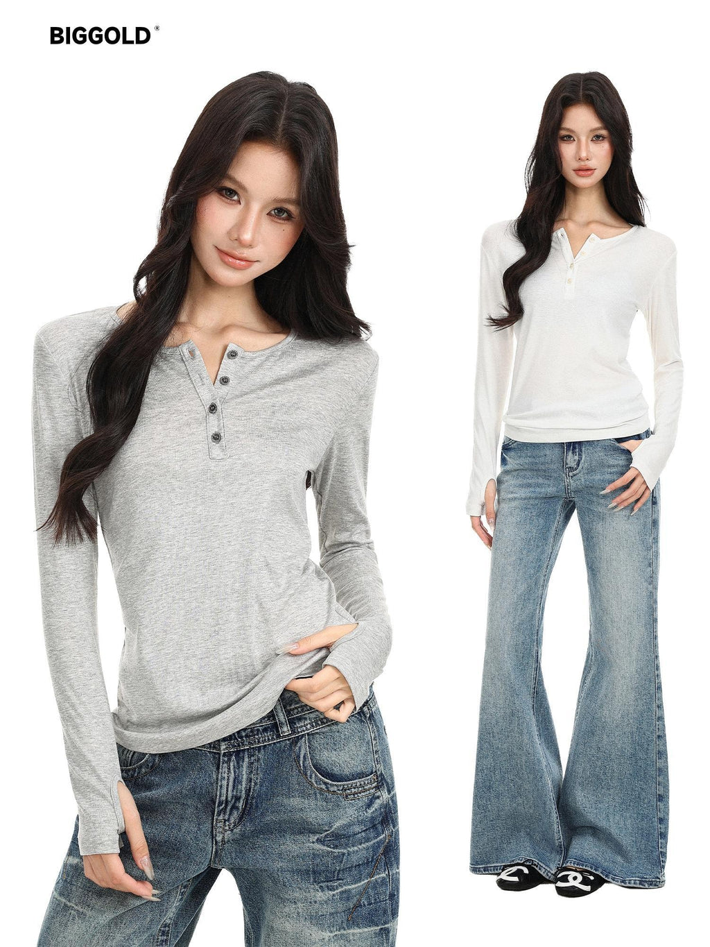 BIGGOLD STUDIO Solid Half Button V-neck Slim Fit Women's Long Sleeve T-shirts