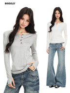 BIGGOLD STUDIO Solid Half Button V-neck Slim Fit Women's Long Sleeve T-shirts