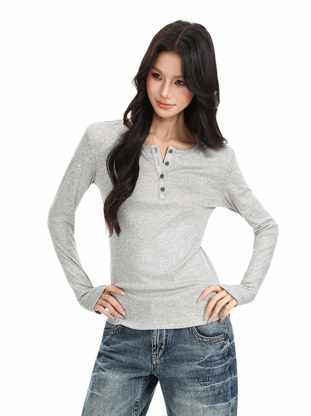 BIGGOLD STUDIO Solid Half Button V-neck Slim Fit Women's Long Sleeve T-shirts