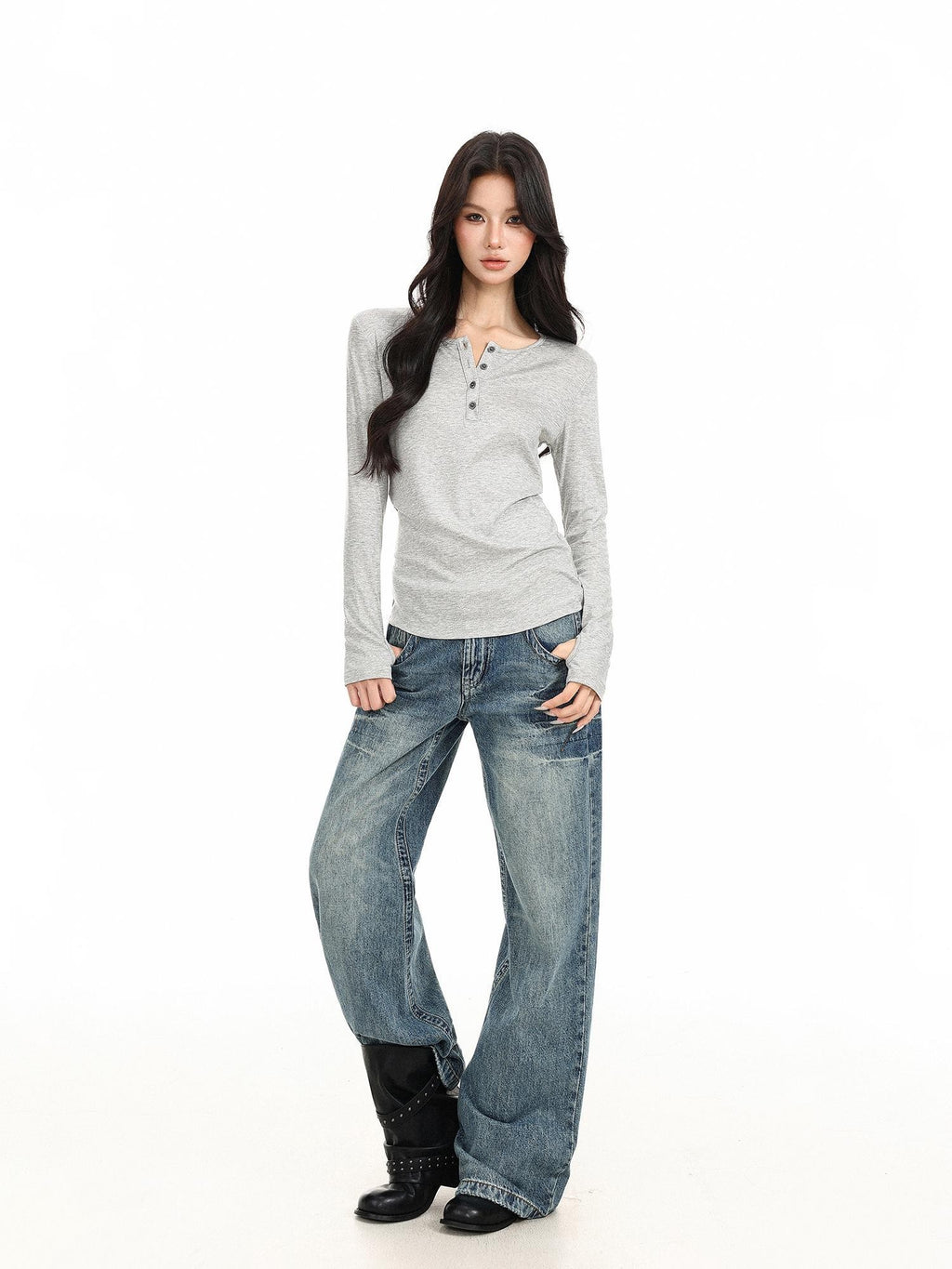 BIGGOLD STUDIO Solid Half Button V-neck Slim Fit Women's Long Sleeve T-shirts