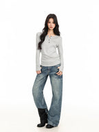 BIGGOLD STUDIO Solid Half Button V-neck Slim Fit Women's Long Sleeve T-shirts
