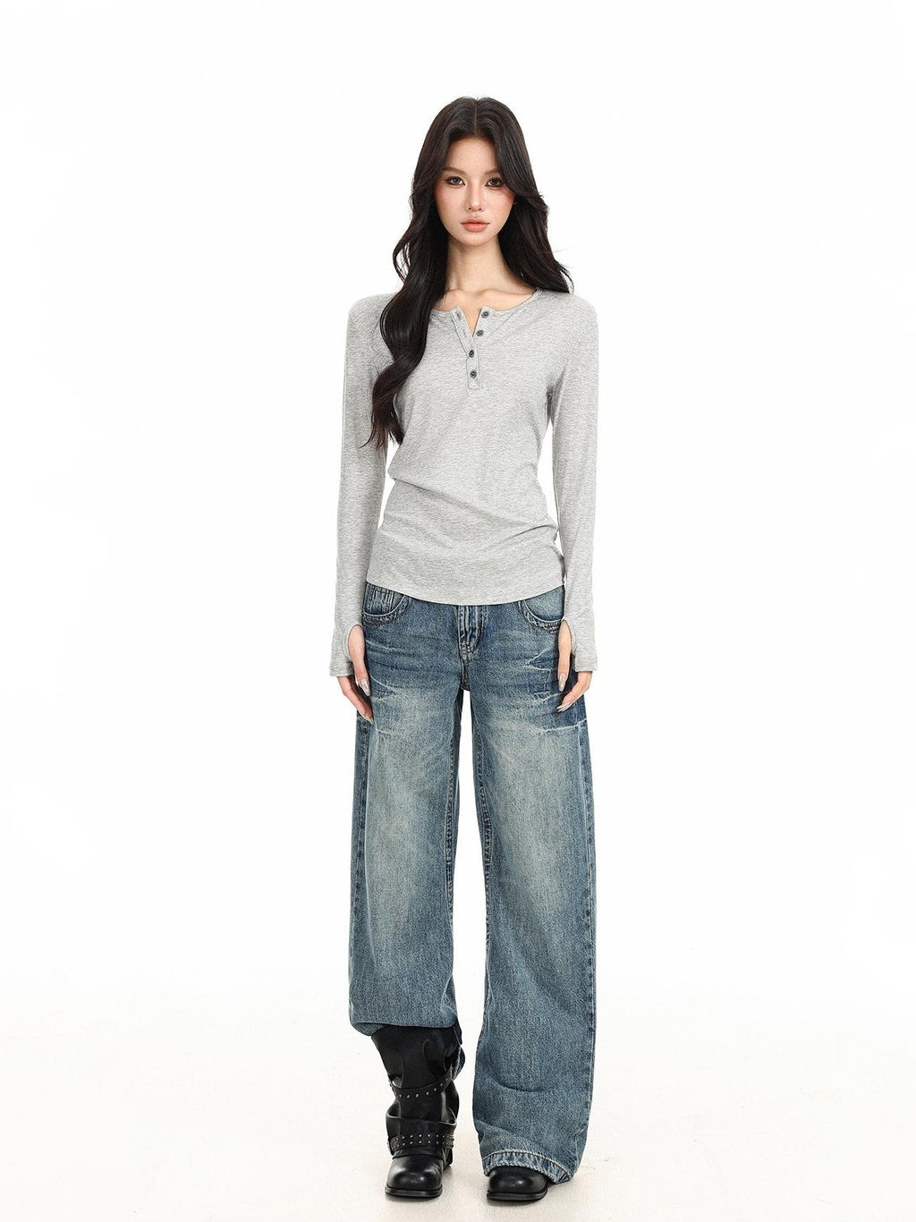 BIGGOLD STUDIO Solid Half Button V-neck Slim Fit Women's Long Sleeve T-shirts