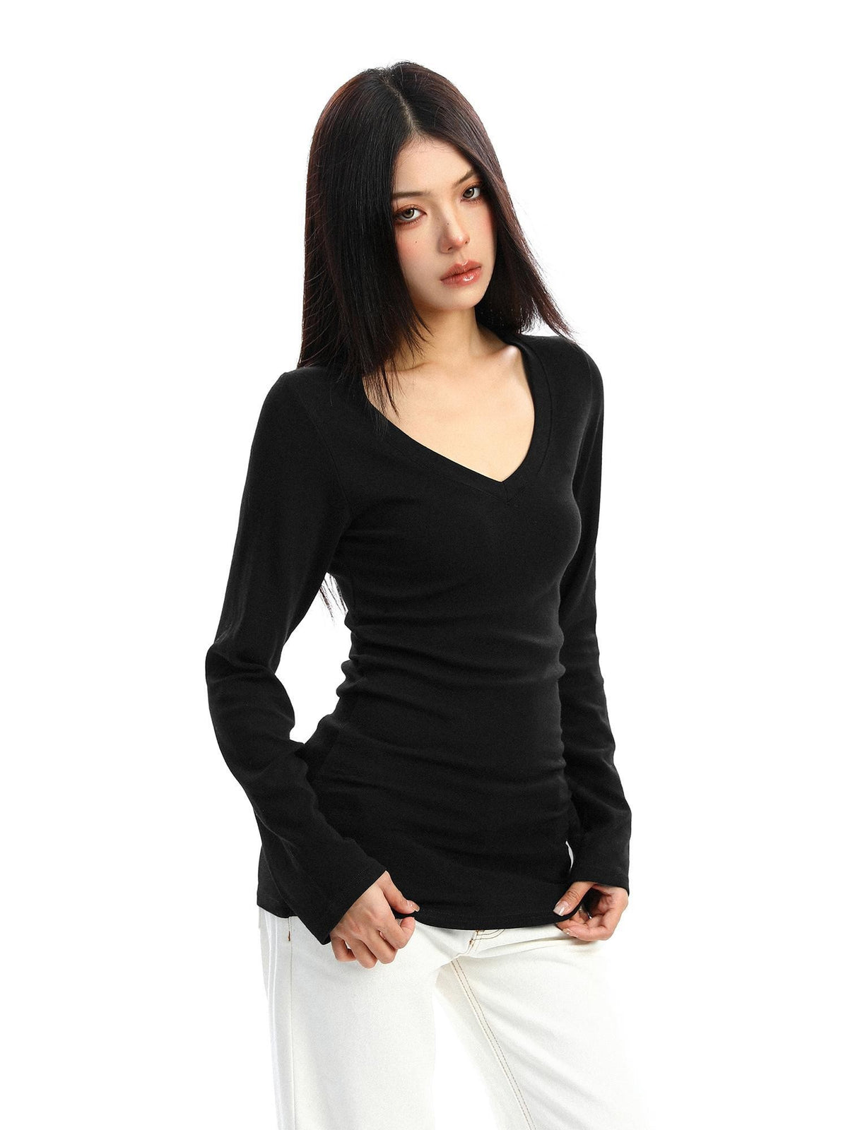BIGGOLD STUDIO Solid V-neck Slim Fit Women's Long Sleeve T-shirts