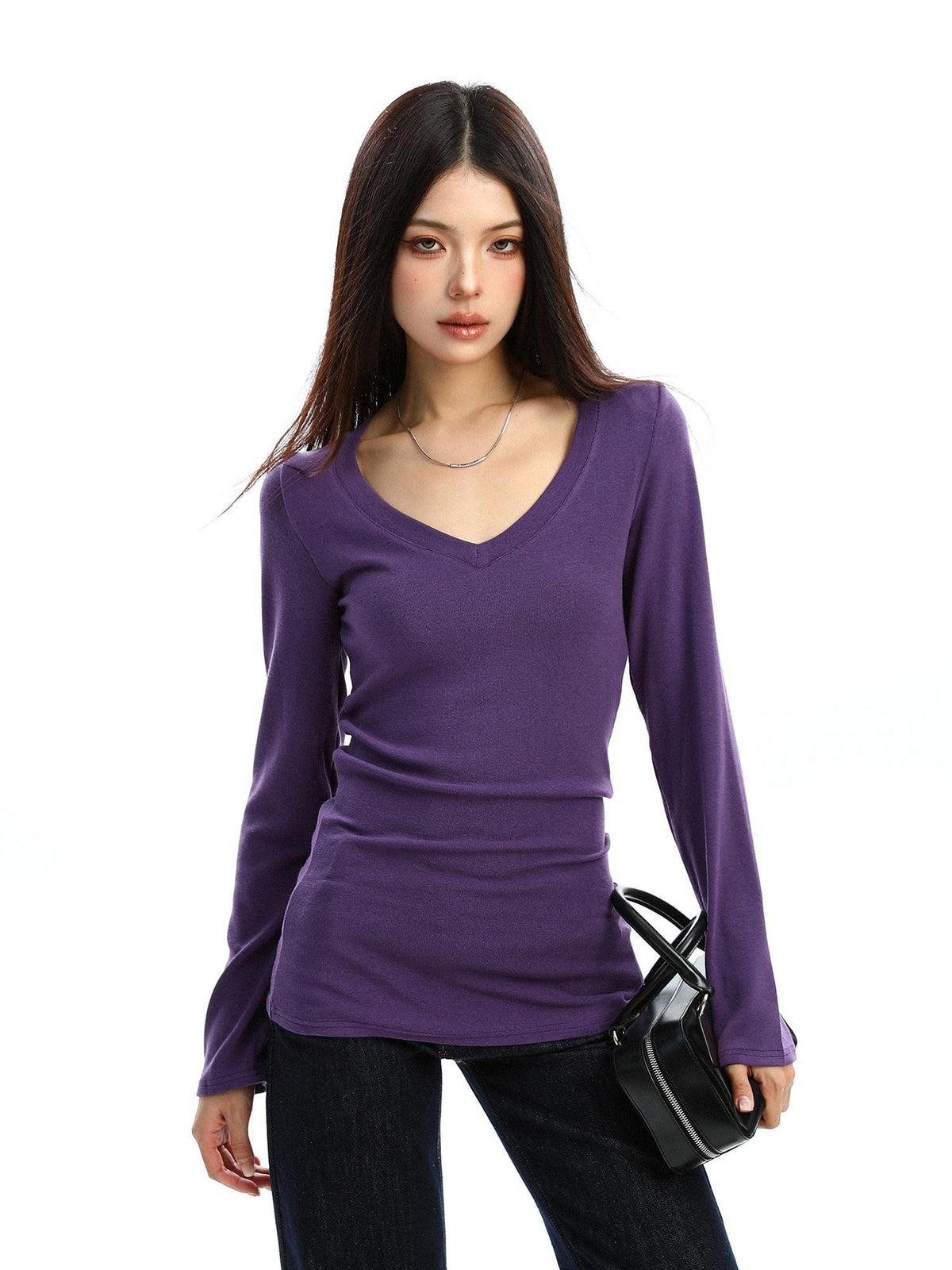 BIGGOLD STUDIO Solid V-neck Slim Fit Women's Long Sleeve T-shirts