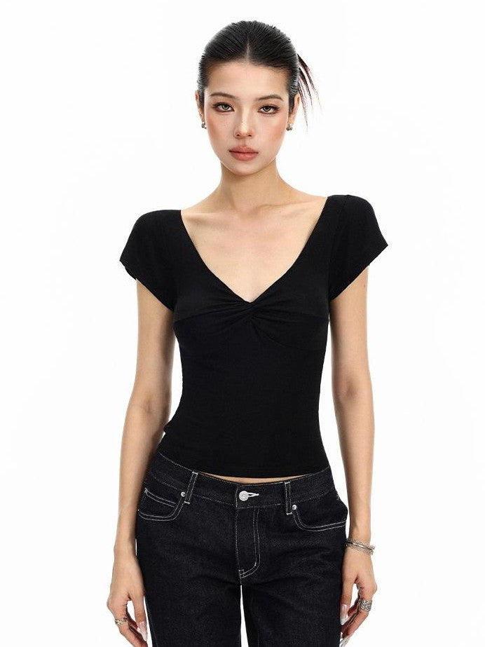 BIGGOLD STUDIO Solid V-neck Twist Front Slim Fit Women's Short Sleeve T-shirts