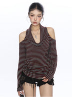 BIGGOLD STUDIO Striped Cross Print Halter Off Shoulder Women's Cotton Long Sleeve T-shirts