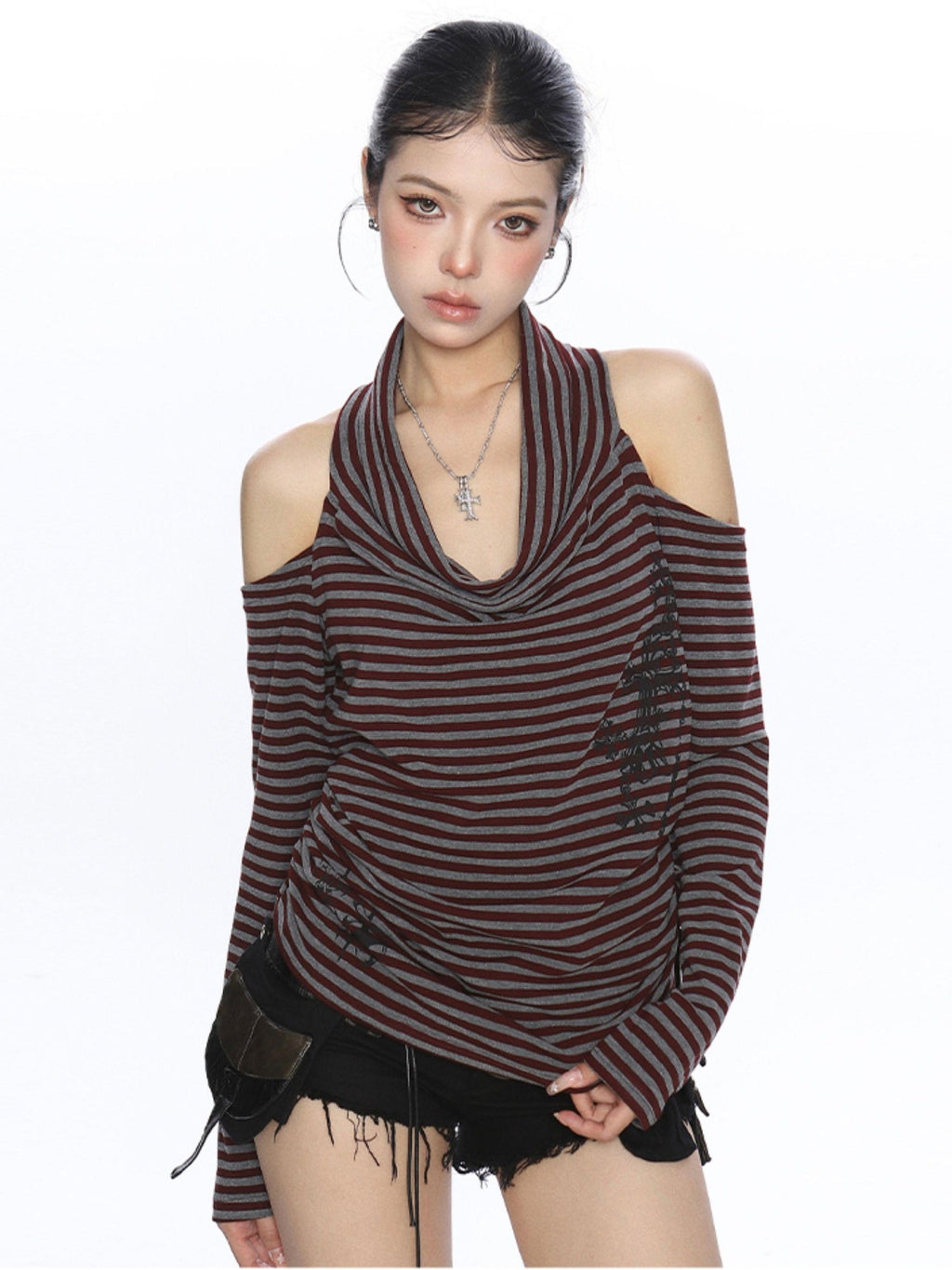 BIGGOLD STUDIO Striped Cross Print Halter Off Shoulder Women's Cotton Long Sleeve T-shirts