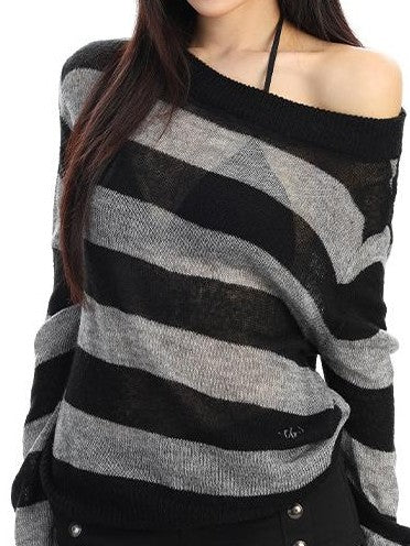 BIGGOLD STUDIO Striped Sheer Asymmetric Neck Knit Women's Long Sleeve T-shirts