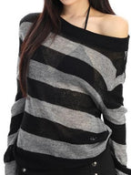 BIGGOLD STUDIO Striped Sheer Asymmetric Neck Knit Women's Long Sleeve T-shirts