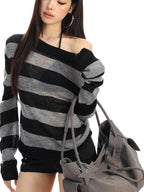 BIGGOLD STUDIO Striped Sheer Asymmetric Neck Knit Women's Long Sleeve T-shirts