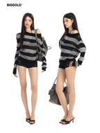 BIGGOLD STUDIO Striped Sheer Asymmetric Neck Knit Women's Long Sleeve T-shirts