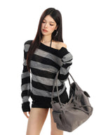 BIGGOLD STUDIO Striped Sheer Asymmetric Neck Knit Women's Long Sleeve T-shirts