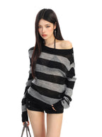 BIGGOLD STUDIO Striped Sheer Asymmetric Neck Knit Women's Long Sleeve T-shirts