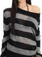 BIGGOLD STUDIO Striped Sheer Asymmetric Neck Knit Women's Long Sleeve T-shirts