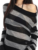 BIGGOLD STUDIO Striped Sheer Asymmetric Neck Knit Women's Long Sleeve T-shirts