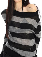 BIGGOLD STUDIO Striped Sheer Asymmetric Neck Knit Women's Long Sleeve T-shirts