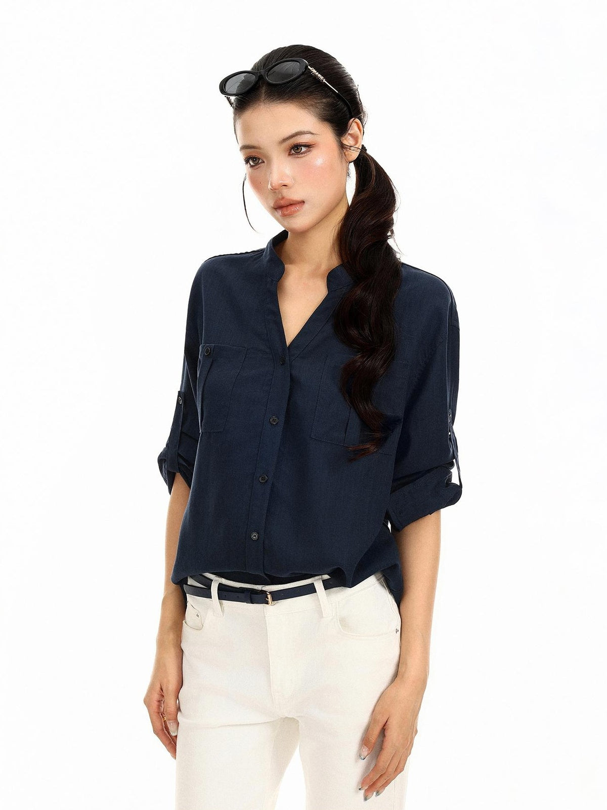 BIGGOLD STUDIO V-neck Rolled Sleeve Pocket Solid Lyocell Women's Long Sleeve Blouses