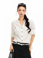 BIGGOLD STUDIO V-neck Rolled Sleeve Pocket Solid Lyocell Women's Long Sleeve Blouses