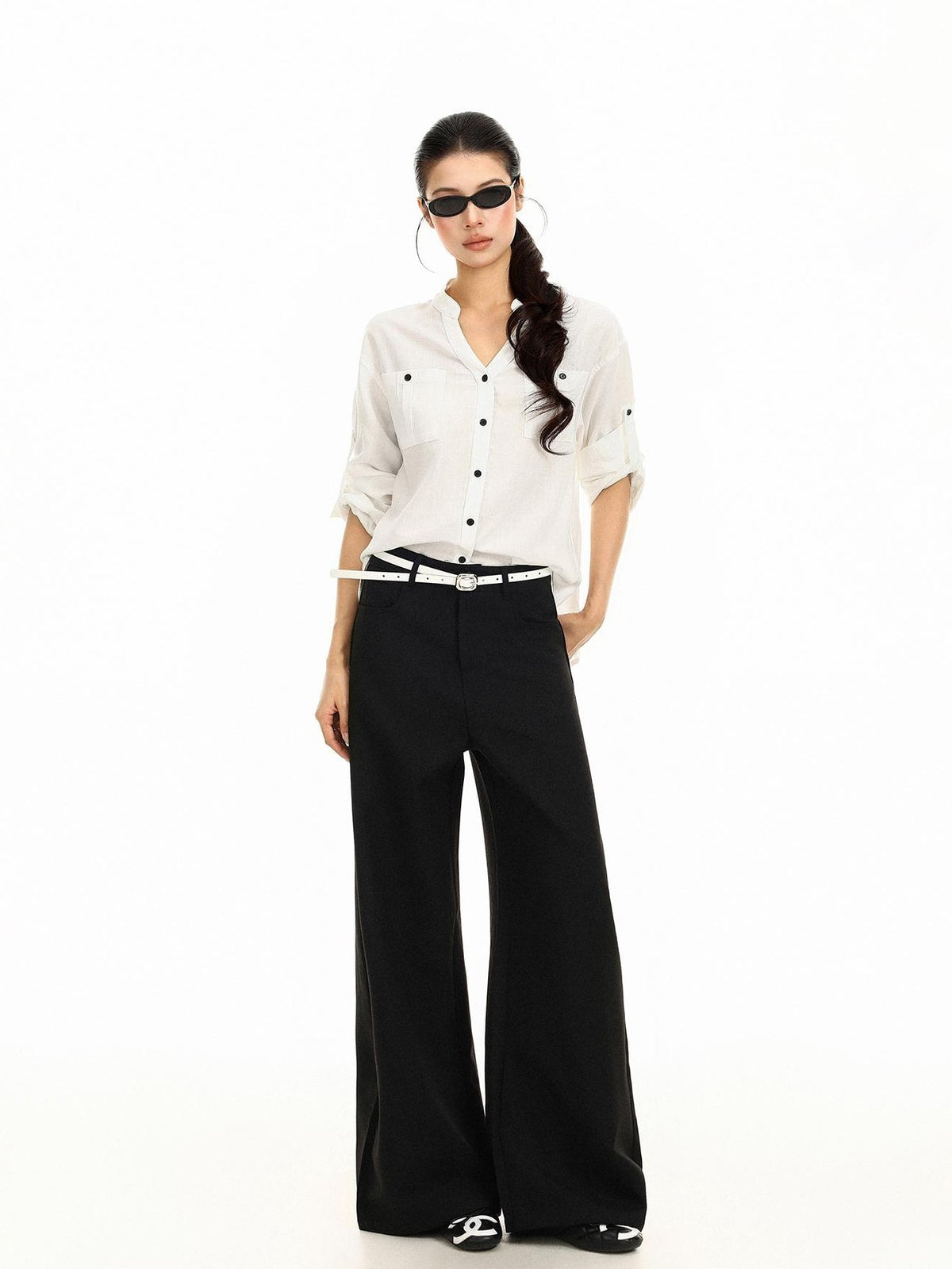 BIGGOLD STUDIO V-neck Rolled Sleeve Pocket Solid Lyocell Women's Long Sleeve Blouses