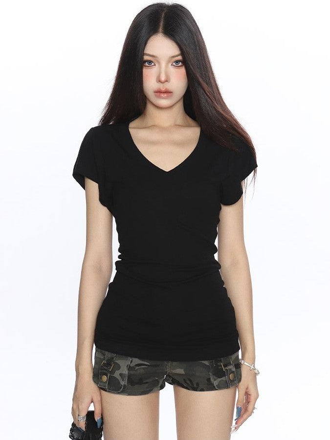 BIGGOLD STUDIO V-neck Solid Color Korean Slim Fit Women's Cotton Short Sleeve T-shirts