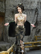 BLOOD SUPPLY Chinese Fringe Jacquard Scale Pattern Cinched Women's Polyester Belts