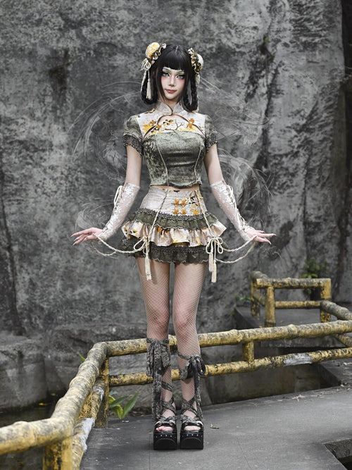 BLOOD SUPPLY Chinese Style Lace Tiered Jacquard Women's Polyester Skorts