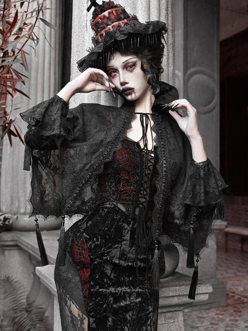 BLOOD SUPPLY Crimson Gothic Lace Fringe Victorian Women's Polyester Ponchos