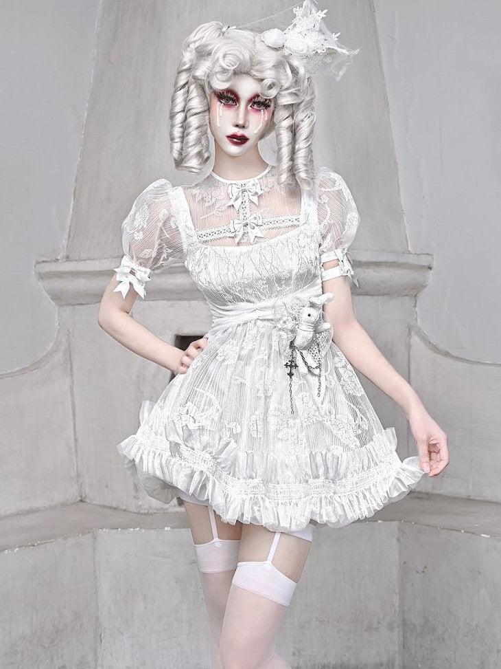 BLOOD SUPPLY Dark 3d Decor Puff Sleeve Chiffon Mesh High Waist A Line Women's Polyester Casual Mini Dresses