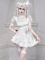 BLOOD SUPPLY Dark 3d Decor Puff Sleeve Chiffon Mesh High Waist A Line Women's Polyester Casual Mini Dresses