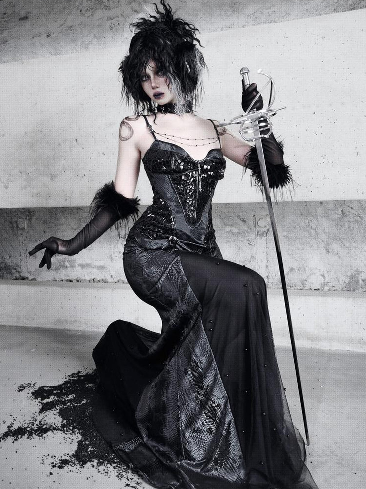 BLOOD SUPPLY Dark Gothic Snakeskin Print Bodycon Mermaid Women's Polyester Slip Maxi Dresses