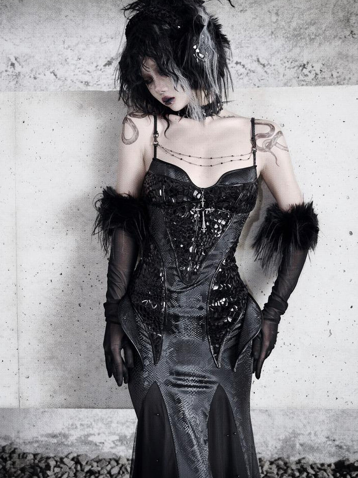 BLOOD SUPPLY Dark Gothic Snakeskin Print Bodycon Mermaid Women's Polyester Slip Maxi Dresses