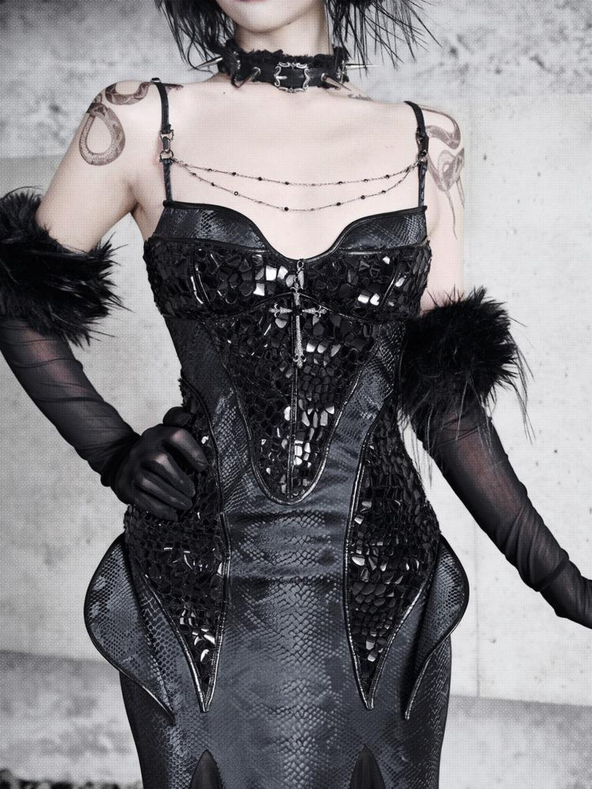 BLOOD SUPPLY Dark Gothic Snakeskin Print Bodycon Mermaid Women's Polyester Slip Maxi Dresses