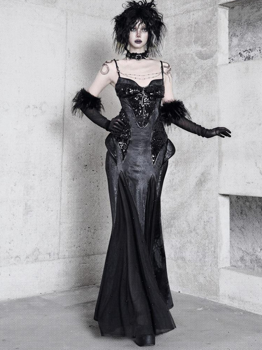 BLOOD SUPPLY Dark Gothic Snakeskin Print Bodycon Mermaid Women's Polyester Slip Maxi Dresses