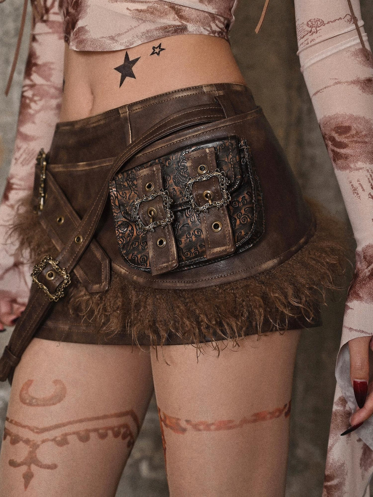 BLOOD SUPPLY Distressed Low Waist Punk Pu Layered Streetwear Women's Skorts