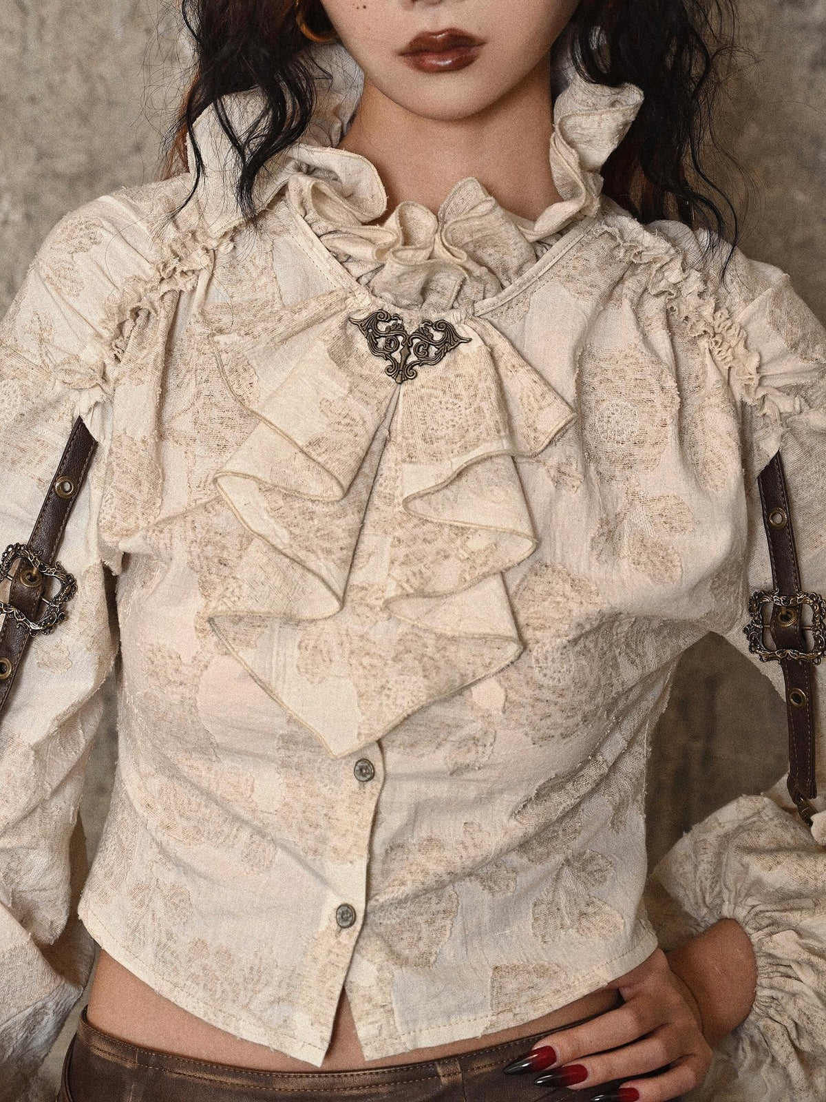BLOOD SUPPLY Distressed Ruffle Stand Collar Linen Cotton Women's Blouses