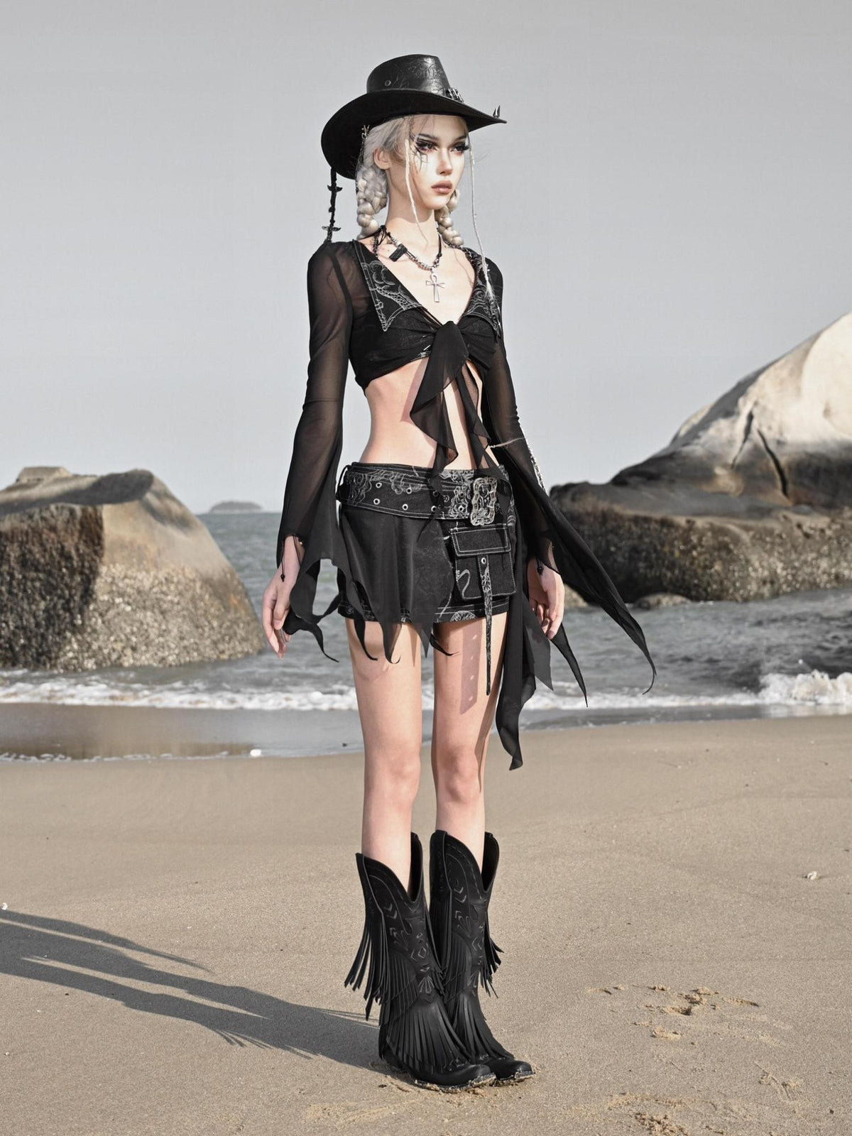 BLOOD SUPPLY Distressed Studded Lace Up Denim Women's Cardigans