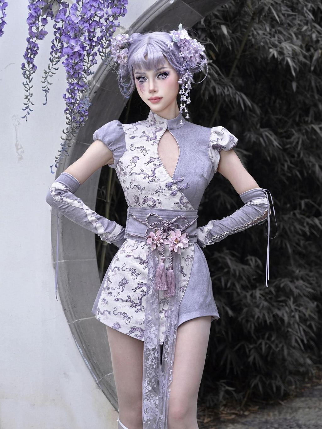BLOOD SUPPLY Dragon Jacquard Chinese Style Lace Up Irregular Women's Polyester Casual Mini Dresses